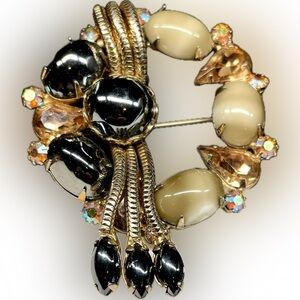 ALICE CAVINESS Vintage Hematite Moon Glow Chained Tassel Rhinestone Brooch